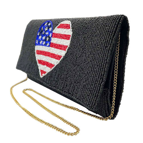 Black American USA Flag Heart Seed Beaded Clutch Crossbody Bag. Look like the ultimate fashionista when carrying this small chic bag, great for when you need something small to carry or drop in your bag. Keep your keys handy & ready for opening doors as soon as you arrive. Perfect Birthday Gift, Anniversary Gift, Mother's Day Gift.