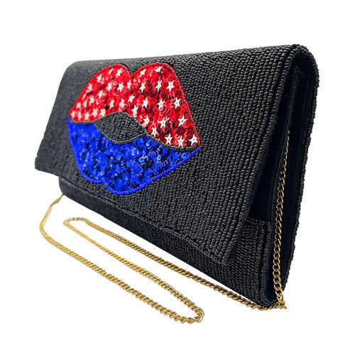 Black American USA Flag Lips Seed Beaded Clutch Crossbody Bag. This high quality Crossbody Bag is both unique and stylish. perfect for money, credit cards, keys or coins and many more things, light and gorgeous. perfectly lightweight to carry around all day. Look like the ultimate fashionista carrying this trendy  Crossbody Bag!