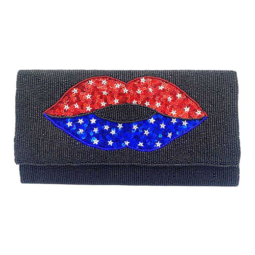 Black American USA Flag Lips Seed Beaded Clutch Crossbody Bag. This high quality Crossbody Bag is both unique and stylish. perfect for money, credit cards, keys or coins and many more things, light and gorgeous. perfectly lightweight to carry around all day. Look like the ultimate fashionista carrying this trendy  Crossbody Bag!