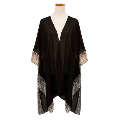 Black Animal Border Chiffon Kimono Poncho, This timeless Kimono Poncho is Soft, Lightweight and Breathable Fabric, Close to Skin, Comfortable to Wear. Sophisticated, flattering and cozy, this Poncho drapes beautifully for a relaxed, pulled-together look. Suitable for Weekend, Work, Holiday, Beach, Party, Club, Night, Evening, Date, Casual and Other Occasions in Spring, Summer and Autumn.