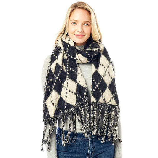 Black Argyle Print Oblong Scarf With Fringe, this stylish scarves featuring Argyle Print with fringe combines great fall style with comfort and warmth. Whether you need a little something around your shoulders on a chilly weather or a fashionable Oblong scarves to compliment any outfit are what you need. The super soft acrylic gives them a luxurious feel. Awesome winter accessory gift idea.