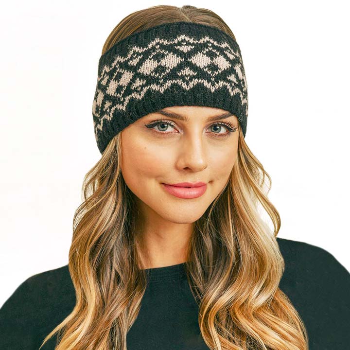 Black Aztec Pattern Ear Warmer Headband, Ear Warmer Headband with a beautiful Aztec Pattern can be worn centered or to the side for your comfort. It will shield your ears from cold winter weather ensuring all-day comfort and warmth. The headband is soft, comfortable, and warm adding a touch of classy style to your look. Show off your trendsetting style when you wear this ear warmer and be protected in the cold winter winds. Stay trendy and cozy.