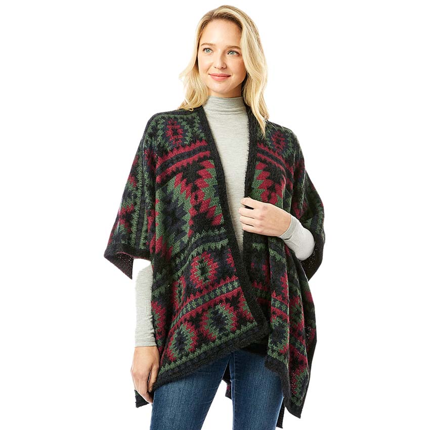 Black Aztec Pattern Ruana, is perfect wear to keep you warm and toasty on winter and cold days. Its beautiful color variation goes with every outfit and surely makes you stand out from the crowd. It ensures your upper body keeps perfectly toasty when the temperatures drop. It's the timelessly beautiful poncho that feels exceptionally comfortable to wear. It goes with all your winter outfits to give you a unique yet classy outlook. You can throw it on over so many pieces elevating any casual outfit!