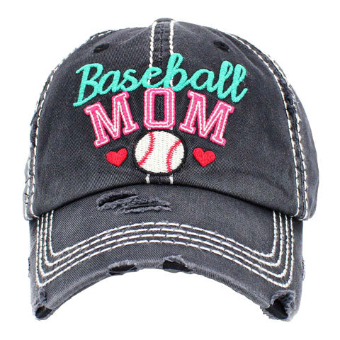 Black Baseball MOM Vintage Baseball Cap. Fun cool Mother Sports themed vintage cap. Perfect for walks in sun, great for a bad hair day. The distressed frayed style with faded color gives it an awesome vintage look. Soft textured, embroidered message with fun statement will become your favorite cap.