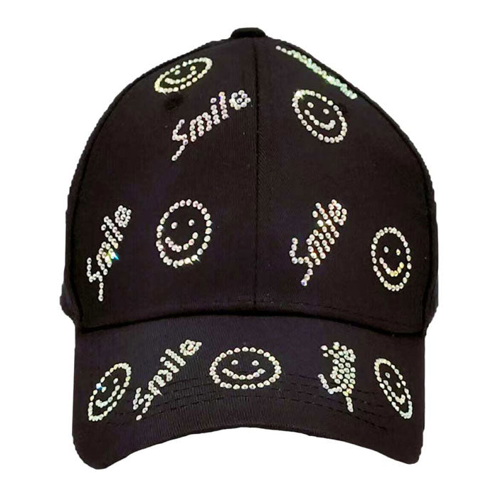 Black Bling Smile Message Smile Face Patterned Baseball Cap, show your trendy side with this smile themed baseball cap Make You More Attractive And Charming Among The Crowd. Have fun and look Stylish. Great for covering up when you are having a bad hair day and still looking cool. Perfect for protecting you from the sun, rain, wind, snow on outdoor activities and You Protect Your Skin From Harmful Uv Rays And Keep Your Hair Away From Your Face And Eyes.
