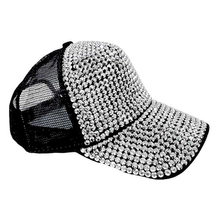 Black Bling Studded Mesh Back Baseball Cap, Front panel studded and fashionable, back mesh fabric makes it breathable and comfortable. The perfect "Bling" hat to keep you stylish, comfortable and on-the-go gorgeous. Wearing this hat can also make your hair don’t cover your face and eyes, make you safe and more convenient in most outdoor activities. perfect for hiking, camping, and other sports. Ideal for summer, Also suit for hip hop dancing, rock and punk style.