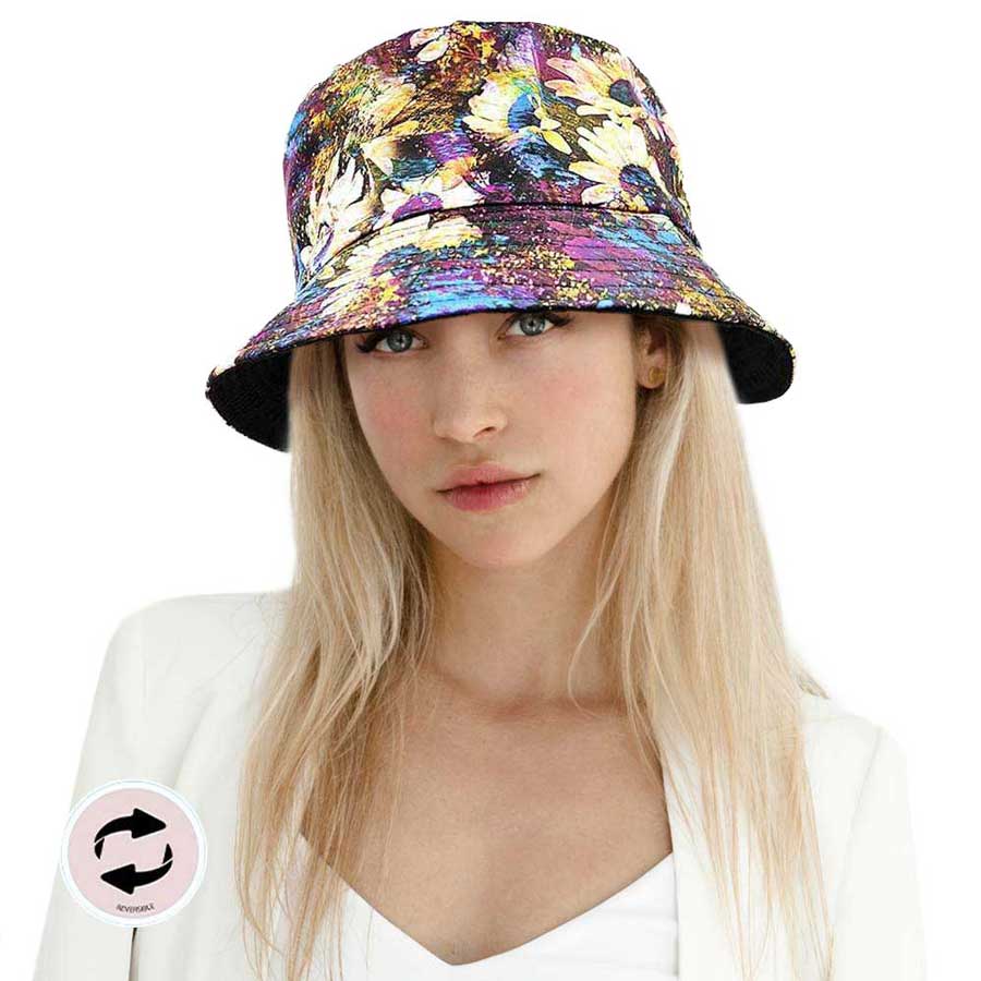 Black Blue Flower Patterned Reversible Bucket Hat, show your trendy side with this flower patterned bucket hat. Have fun and look Stylish. You can easily fold this bucket hat and put it in any backpack. Great for covering up when you are having a bad hair day, perfect for keeping the sun off of your face, neck, and shoulders Perfect summer, beach accessory.