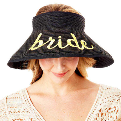 Black Bride Message Roll Up Foldable Visor Sun Hat, This visor hat with Bride Message is Open top design offers great ventilation and heat dissipation. Features a roll-up function; incredibly convenient as it is foldable for easy storage or for taking on the go while traveling. This Summer sun  hat is perfect for walking along the beach,hanging by the pool, or any other outdoor activities.