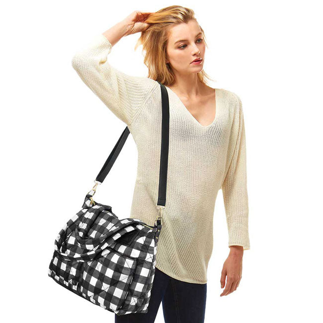 Black Buffalo Check Puffer Tote Bag, be gorgeous and make an individual statement of fashion. These tote bag will be your new favorite accessory to hold onto all your items altogether in one place. The top zipper keeps everything secure and safe. It's easy to carry, and lightweight to run errands or a night out on the town. It's a smart gift for Birthdays, holidays, Christmas, New Year, etc. for your friends, family, and the persons you love and care for. Keep yourself gorgeous and trendy!