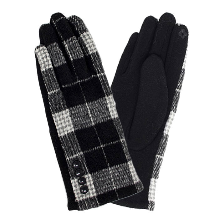 Black Button Detailed Plaid Check Accented Stylish Warm Winter Smart Touch Tech Gloves, gives your look so much eye-catching texture with patterned embellishment, a cozy feel, very fashionable, attractive, cute looking in winter season. These warm gloves will allow you to use your electronic device with ease. Perfect G