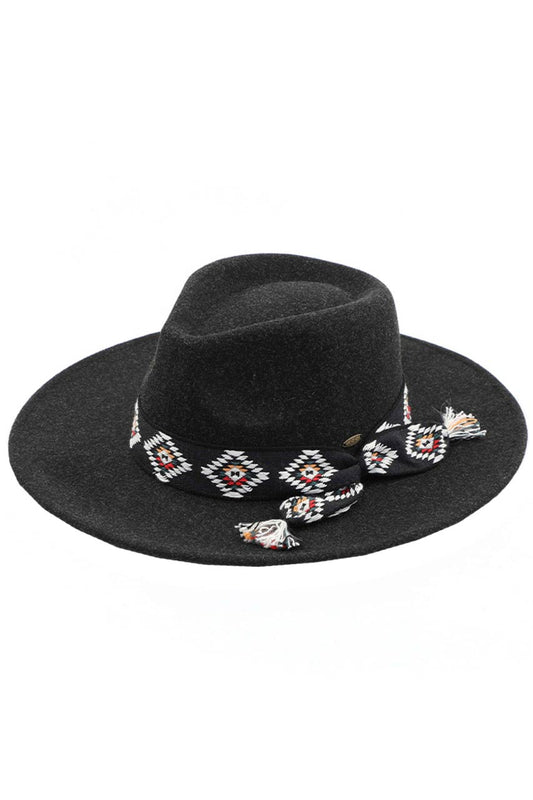 Black C C Vegan Felt Panama Brim Hat with Aztec Trim Band, the beautiful design of this Panama Hat makes you stand out and can coordinate with any outfit while going out. Whether basking under the summer sun at the beach, lounging by the pool, or kicking back with friends at the lake, this awesome Panama hat can keep you cool and comfortable even when the sun is high. It's large, comfortable, and perfect for keeping the sun off your face, neck, and shoulders.