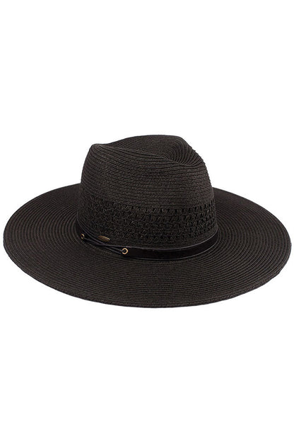 Black C.C faux leather string paper straw panama hat. You’re basking under the summer sun at the beach, lounging by the pool, or kicking back with friends at the lake, a great hat can keep you cool and comfortable even when the sun is high in the sky. Large, comfortable, and perfect for keeping the sun off of your face, neck, and shoulders, ideal for travelers who are on vacation or just spending some time in the great outdoors.