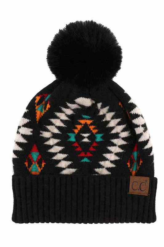 Black C.C Soft Aztec Pattern Beanie with Faux Fur Pom, is beautifully knitted with a variety of colors and design that brings a unique look. Coordinate these aztec pattern beannie with any outfit to match the best with absolute warmth and coziness in style. This is an ideal winter head cover that comes in one size winter cap with a faux fur pom that fits most head sizes. Perfect winter gift accessory for your friends, family, and the persons you love.