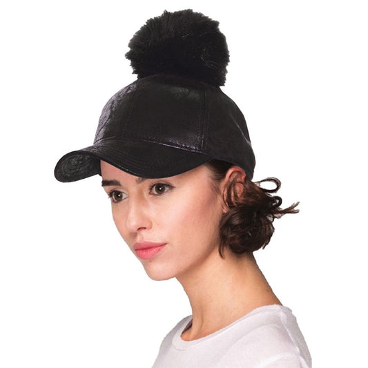 Black C.C Vintage Style Faux Leather Pom Pom Baseball Cap Summer Sun Hat; comfy cap great for a bad hair day, pull your bun or ponytail thru the back opening, keep hair away from face while exercising, running, playing sports or just taking a walk. Perfect Birthday Gift, Mother's Day Gift, Anniversary Gift, Thank you Gift