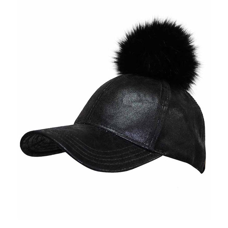 Black C.C Vintage Style Faux Leather Pom Pom Baseball Cap Summer Sun Hat; comfy cap great for a bad hair day, pull your bun or ponytail thru the back opening, keep hair away from face while exercising, running, playing sports or just taking a walk. Perfect Birthday Gift, Mother's Day Gift, Anniversary Gift, Thank you Gift