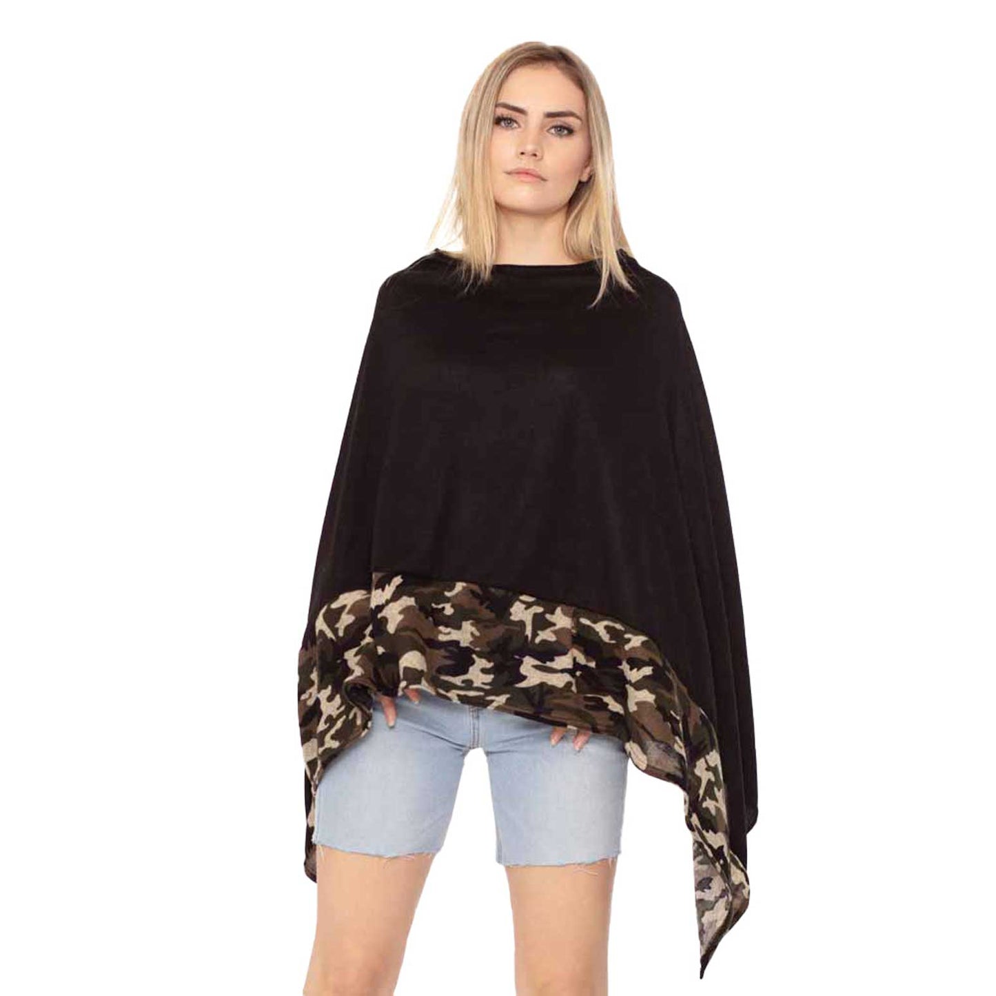 Black Camouflage Pattern Trim Poncho, This timeless trim Poncho is Soft, Lightweight and Breathable Fabric, Close to Skin, Comfortable to Wear. Sophisticated, flattering and cozy, this Poncho drapes beautifully for a relaxed, pulled-together look. Suitable for Weekend, Work, Holiday, Beach, Party, Club, Night, Evening, Date, Casual and Other Occasions in Spring, Summer and Autumn.