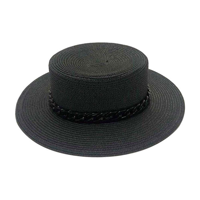 Black Colored Chain Band Panama Sun Hat, adds a great accent to your wardrobe, Unique, timeless and classic. Panama Sun Hat looks cool and fashionable. Perfect for that bad hair day, or simply casual everyday wear; Makes a great gift for that fashionable on-trend friend of yours. Perfect for keeping the sun off of your face, neck, and shoulders.