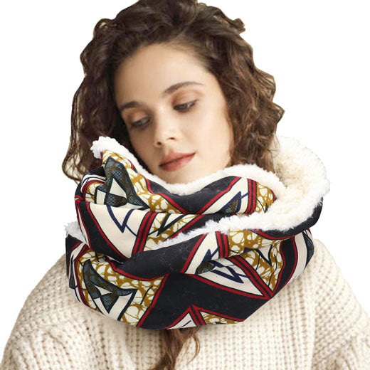Black Colorful Pattern Soft Sherpa Infinity Scarf, delicate, warm, on trend & fabulous, a luxe addition to any cold-weather ensemble. Great for daily wear in the cold winter to protect you against chill, classic infinity-style scarf & amps up the glamour with plush material that feels amazing snuggled up against your cheeks.