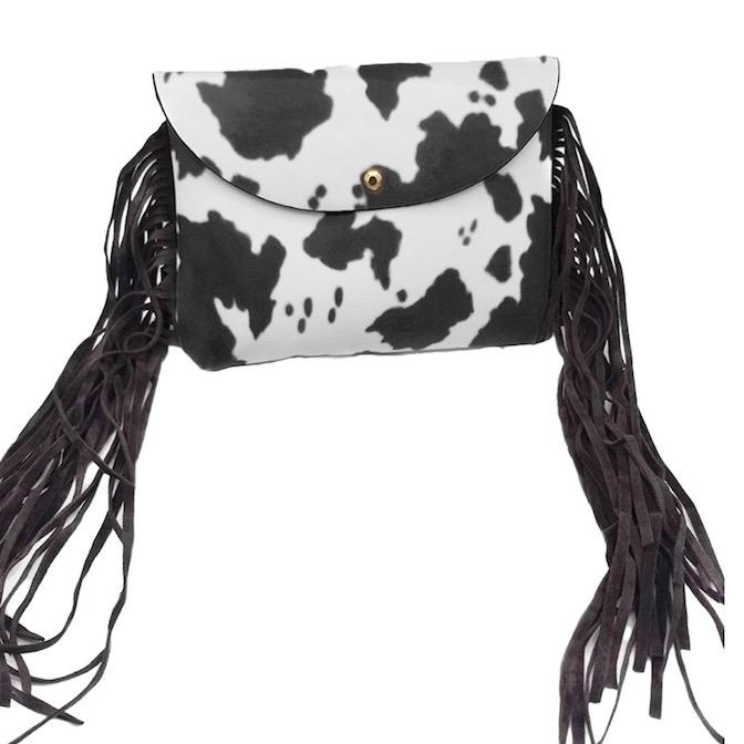 Black Cow Patterned Faux Leather Suede Tassel Fanny Pack Crossbody Belt Bag, look like the ultimate fashionista when carrying this small chic bag, great for when you need something small to carry or drop in your bag, Birthday Gift, Valentine's Day Gift, Anniversary Gift, Love You Gift, Mother's Day Gift, Thank you Gift