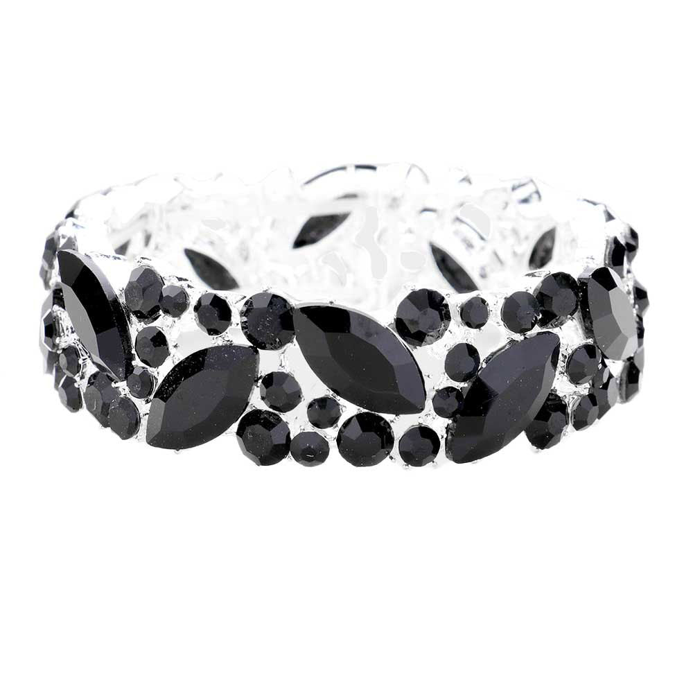 Black Crystal Glass Marquise Evening Stretch Bracelet. This Crystal Evening Stretch Bracelet sparkles all around with it's surrounding, stretch bracelet that is easy to put on, take off and comfortable to wear. It looks modern and is just the right touch to set off. Perfect jewelry to enhance your look. Awesome gift for birthday, Anniversary, Valentine‚Äôs Day or any special occasion.