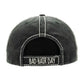 Black Distressed Bad Hair Day Baseball Cap, cool vintage cap turns your bad hair day into a good day. The distressed frayed style with faded color, embroidered patch and contrast stitching baseball cap with fun statement will become your favorite cap. Perfect Birthday Gift, Mother's Day Gift, Anniversary Gift, Thank you Gift