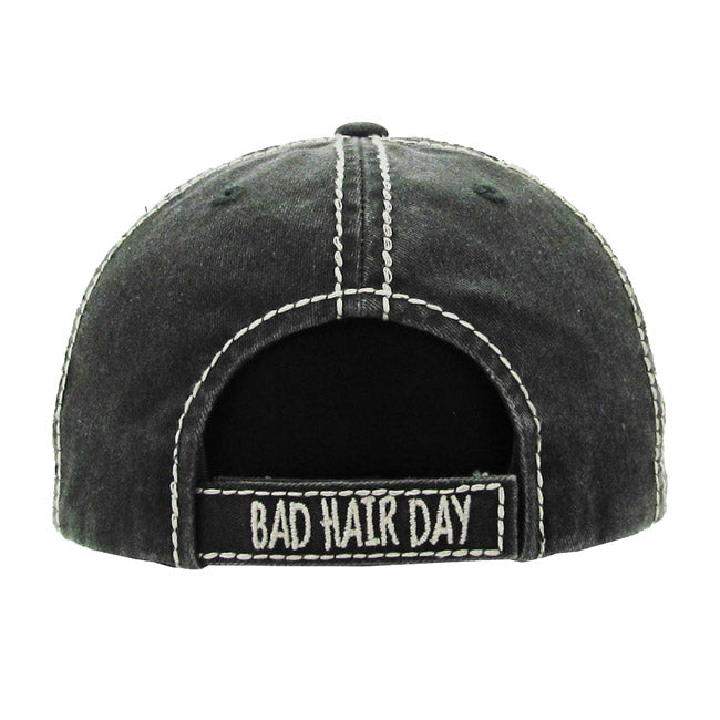 Black Distressed Bad Hair Day Baseball Cap, cool vintage cap turns your bad hair day into a good day. The distressed frayed style with faded color, embroidered patch and contrast stitching baseball cap with fun statement will become your favorite cap. Perfect Birthday Gift, Mother's Day Gift, Anniversary Gift, Thank you Gift