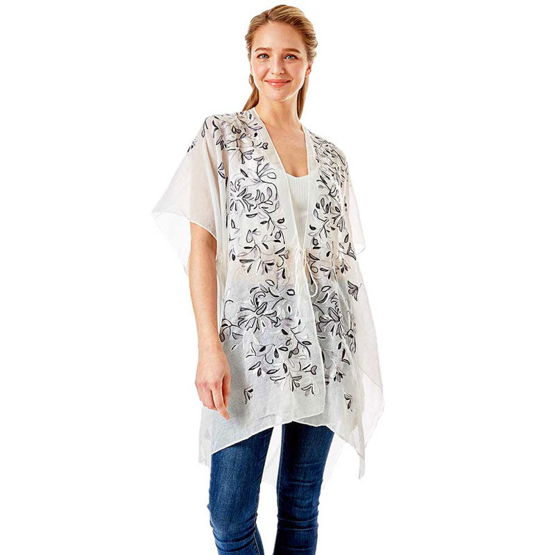 Black Embroidery Floral Cover Up Kimono Cardigan, The lightweight Kimono top is made of soft and breathable material. The fashionista Cardigan Cover up with open front design, simple basic style, easy to put on and down. Perfect Gift for Wife, Birthday, Holiday, Anniversary, Just Because Gift, Fun Night Out.