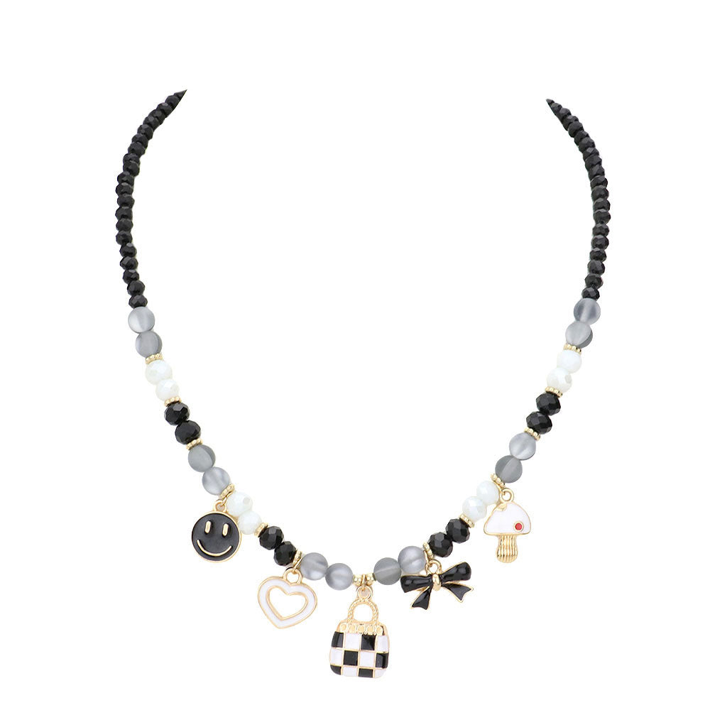 Black Enamel Smile Heart Bag Bow Pendant Station Beaded Necklace, This beaded Necklace delicately polished will enhance your look, versatile enough for wearing straight through the week, perfectly lightweight for all-day wear, coordinate with any ensemble from business casual to everyday wear, the perfect addition to every outfit. Adds a touch of nature-inspired beauty to your look.