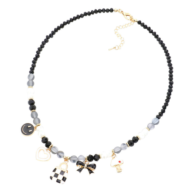Black Enamel Smile Heart Bag Bow Pendant Station Beaded Necklace, This beaded Necklace delicately polished will enhance your look, versatile enough for wearing straight through the week, perfectly lightweight for all-day wear, coordinate with any ensemble from business casual to everyday wear, the perfect addition to every outfit. Adds a touch of nature-inspired beauty to your look.