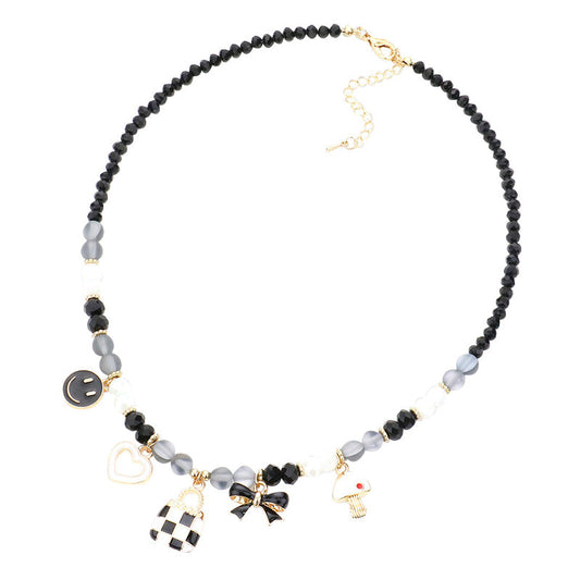 Black Enamel Smile Heart Bag Bow Pendant Station Beaded Necklace, This beaded Necklace delicately polished will enhance your look, versatile enough for wearing straight through the week, perfectly lightweight for all-day wear, coordinate with any ensemble from business casual to everyday wear, the perfect addition to every outfit. Adds a touch of nature-inspired beauty to your look.
