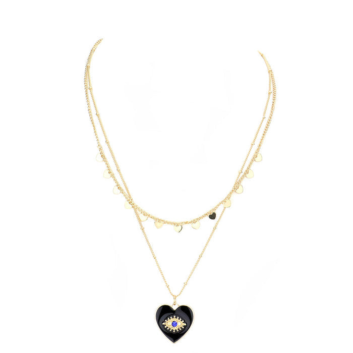 Black Evil Eye Centered Enamel Heart Pendant Layered Necklace, Beautifully crafted design adds a gorgeous glow to any outfit. Jewelry that fits your lifestyle! Perfect Birthday Gift, Anniversary Gift, Mother's Day Gift, Anniversary Gift, Graduation Gift, Prom Jewelry, Just Because Gift, Thank you Gift.