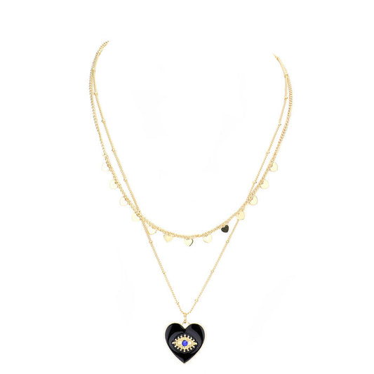 Black Evil Eye Centered Enamel Heart Pendant Layered Necklace, Beautifully crafted design adds a gorgeous glow to any outfit. Jewelry that fits your lifestyle! Perfect Birthday Gift, Anniversary Gift, Mother's Day Gift, Anniversary Gift, Graduation Gift, Prom Jewelry, Just Because Gift, Thank you Gift.