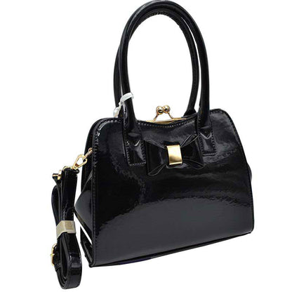 Black Fashion Shiny  Satchel Purses Patent Leather Women Handbags, No outfit is complete without the perfect clutch or handbag and a wide range to fit in all the essentials on the go! These handbag features a vegan patent leather material with Gold metal hardware. It comes with a removable long shoulder strap for casual shoulder or cross-body wear. This fun, yet sophisticated handbag will definitely draw attention.