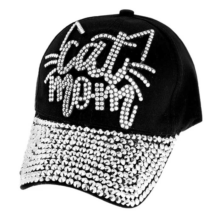Black Fashionable Studded Cat Mom Message Denim Baseball Cap, Fun cool Baseball Cap perfect for the mom who is in Charge! Perfect for walks in sun or rain, great for a bad hair day. Soft textured, embroidered message and distressed contrast stitching baseball cap with fun statement will become your favorite cap.