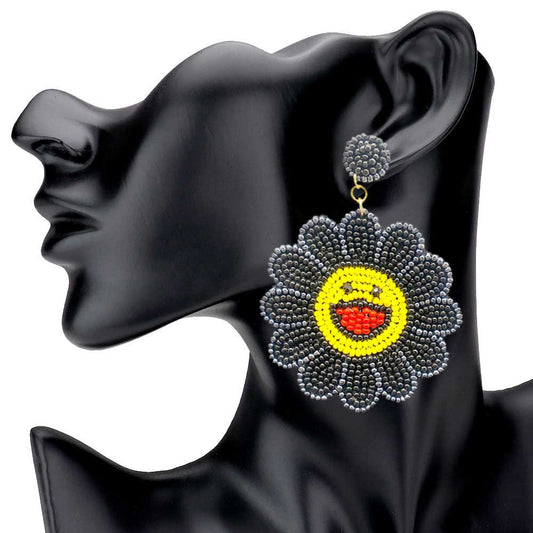 Black Felt Back Seed Beaded Smile Flower Dangle Earrings, Beaded Flower Smiley Face Earrings fun handcrafted jewelry that fits your lifestyle, adding a pop of pretty color. Enhance your attire with these vibrant artisanal earrings to show off your fun trendsetting style. Coordinate these earrings with any ensemble from business casual to everyday wear, ideal for parties, events, holidays.