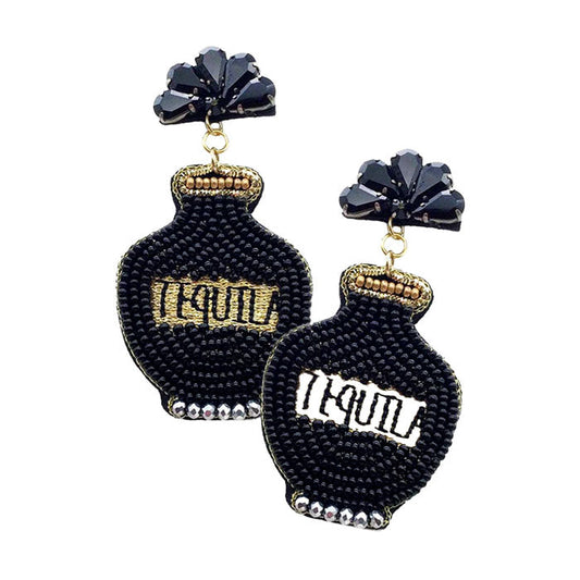 Black Felt Back Seed Beaded Tequila Dangle Earrings. These fashionable trendy tequila bottle earrings  are suitable for every girl!  Beautifully crafted earrings that dangle on your earlobes with a perfect glow to make you stand out and show your unique and beautiful look everywhere, every time. Put on a pop of color to complete your ensemble in a gorgeous way.