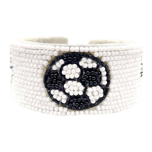 Black Felt Back Soccer Seed Beaded Cuff Bracelet. Jewellery that fits your lifestyle, adding a pop of pretty color. Lightweight and comfortable for wearing all day long. Goes with any of your casual outfits and Adds something extra special. Great gift idea for Birthday, Mothers day, Friendship Day or any other events.