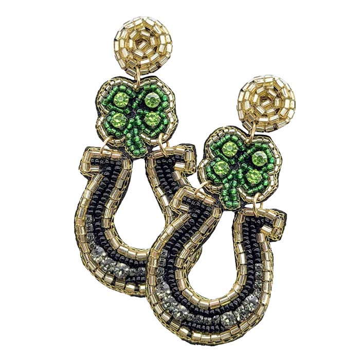 Black Felt Back Stone Seed Beaded Clover Horseshoe Dangle Earrings, These Clover Horseshoe dangle earrings will be the highlight of any outfit and add a touch of whimsy to your costume jewelry collection! Get into the holiday spirit with our gorgeous handcrafted earrings. Bright designs with colors and patterns will be the perfect and trendy choice for your special events. Delicate in appearance, suitable for any occasions and it makes you eye-catching. Ideal gift for your loved ones.