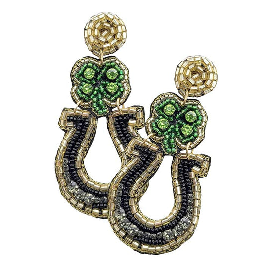 Black Felt Back Stone Seed Beaded Clover Horseshoe Dangle Earrings, These Clover Horseshoe dangle earrings will be the highlight of any outfit and add a touch of whimsy to your costume jewelry collection! Get into the holiday spirit with our gorgeous handcrafted earrings. Bright designs with colors and patterns will be the perfect and trendy choice for your special events. Delicate in appearance, suitable for any occasions and it makes you eye-catching. Ideal gift for your loved ones.