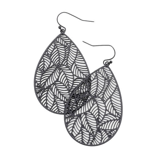 Black Filigree Leaf Detail Brass Metal Teardrop Dangle Earrings; get into the Christmas spirit with our gorgeous handcrafted Christmas earrings, they will dangle on your earlobes & bring a smile to those who look at you. Perfect Gift December Birthdays, Christmas, Stocking Stuffers, Secret Santa, BFF, etc