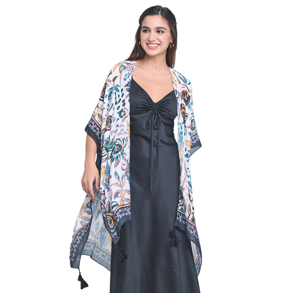 Black Floral Patterned Cover Up Kimono Poncho, this timeless floral patterned cover-up kimono poncho is Soft, Lightweight, and breathable fabric, close to the skin, and comfortable to Wear. sophisticated, flattering, and cozy. look perfectly breezy and laid-back as you head to the beach. A fashionable eye-catcher will quickly become one of your favorite accessories.