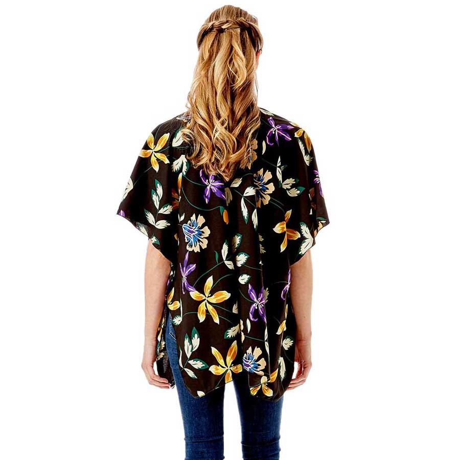 Black Flower Printed Cover Up Kimono Poncho. Lightweight and soft brushed fabric exterior fabric that make you feel more warm and comfortable. Cute and trendy poncho for women. Great for dating, hanging out, daily wear, vacation, travel, shopping, holiday attire, office, work, outwear, fall, spring or early winter. Perfect Gift for Wife, Mom, Birthday, Holiday, Anniversary, Fun Night Out.