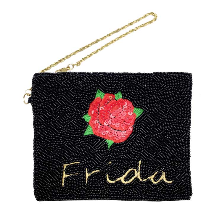 Black Frida Beaded Rose Flower Mini Pouch Bag, this awesome Frida beaded Rose Flower mini pouch bag goes with any outfit and shows your trendy choice to make you stand out. Perfect for carrying makeup, money, credit cards, keys or coins, etc. It's lightweight and perfect for easy carrying.  Stay comfortable & trendy!