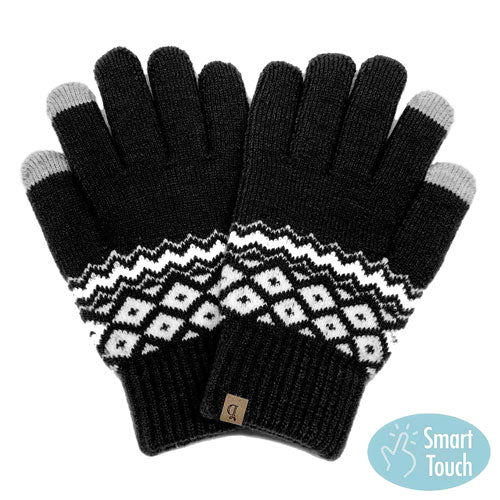 Black Geometric Patterned Knit Smart Gloves, Before running out the door into the cool air, you’ll want to reach for these toasty gloves to keep your hands incredibly warm. Accessorize the fun way with these fashionable gloves, it's the autumnal touch you need to finish your outfit in style. Awesome winter gift accessory!