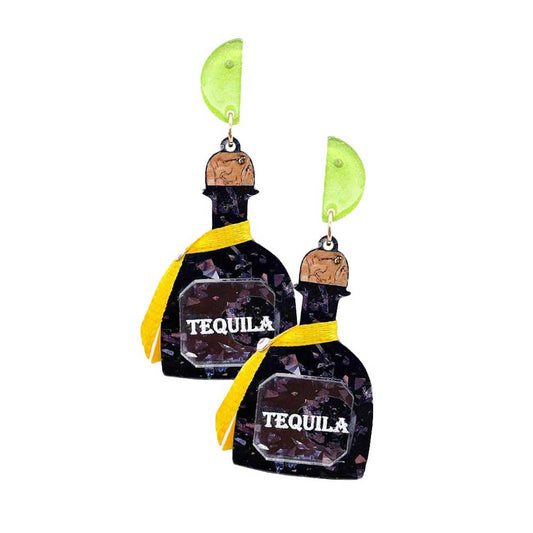 Black Glittered Resin Tequila Dangle Earrings. These fashionable trendy tequila bottle earrings  are suitable for every girl!  These gorgeous earrings are unique in design, light and sparky. Perfect for Valentine’s Day, bachelorette party, Beach Party, Vacation Earrings, Party Earrings, Party Favors to glam up your party outfit.