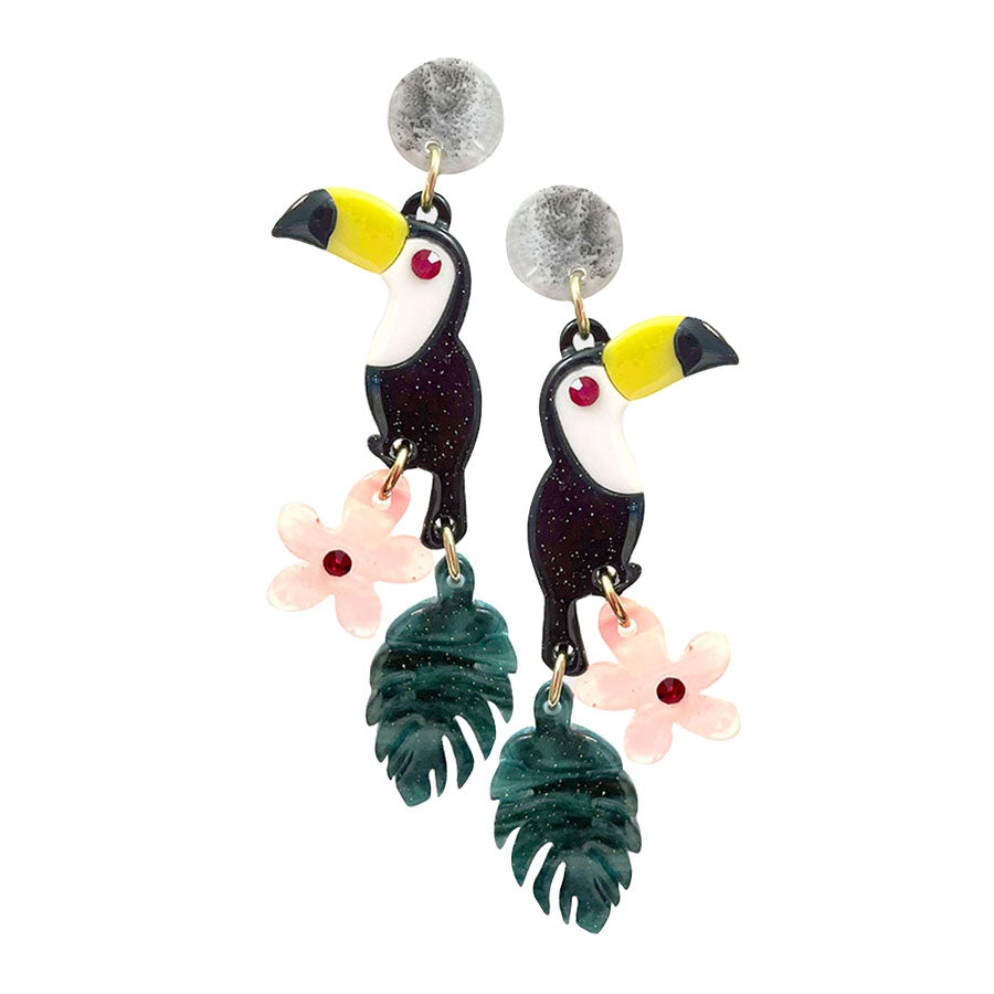 Black Glittered Resin Toucan Flower Tropical Leaf Link Dangle Earrings. Look like the ultimate fashionista with these Earrings! Add something special to your outfit this Valentine! Special It will be your new favorite accessory. Perfect Birthday Gift, Mother's Day Gift, Anniversary Gift, Graduation Gift, Prom Jewelry, Valentine's Day Gift, Thank you 