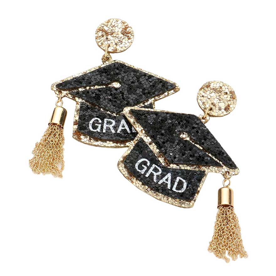 Black Grad Glittered Graduation Cap Chain Tassel Dangle Earrings, Show off your achievements with our grad glittered graduation cap earrings. From kindergarten to high school, college ceremonies, and faculty regalia these tassel dangle earrings will remind you to enjoy the journey as you wander, dream, and reach for your goals.