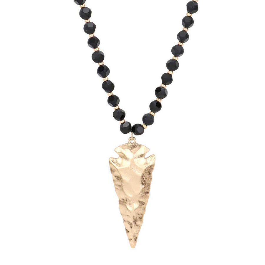 Black Hammered Metal Arrow Pendant Faceted Beads Long Necklace, The arrowhead pendant design is trendy and chic, cool and special, goes well with other accessories, make you more charming and edgy among the crowds.  This faceted beads necklace pendant is suitable for any occasion, Perfect Birthday Gift, Anniversary Gift, Mother's Day Gift. 