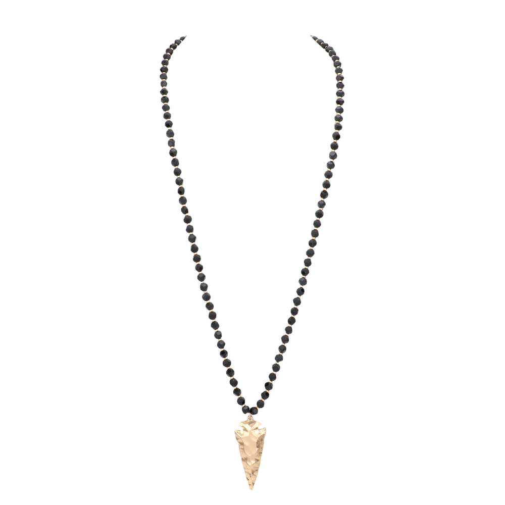Black Hammered Metal Arrow Pendant Faceted Beads Long Necklace, The arrowhead pendant design is trendy and chic, cool and special, goes well with other accessories, make you more charming and edgy among the crowds.  This faceted beads necklace pendant is suitable for any occasion, Perfect Birthday Gift, Anniversary Gift, Mother's Day Gift. 
