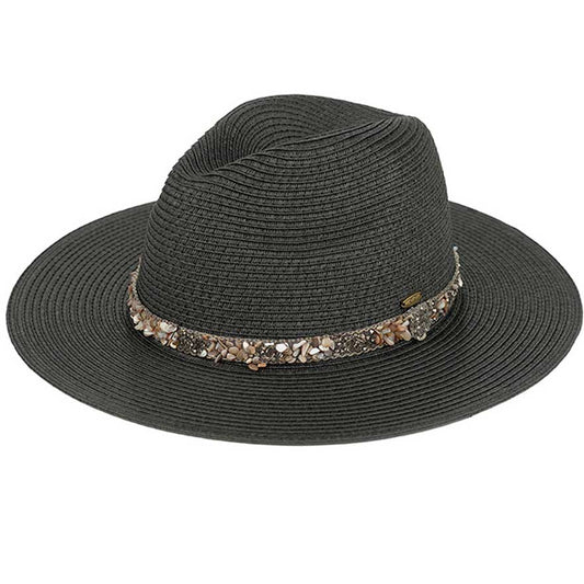 Black Hemattie C.C Gem Stone Trim Band Straw Panama Sunhat, Keep your styles on even when relaxing at the pool or playing at the beach. Large, comfortable, and perfect for keeping the sun off your face, neck, and shoulders. Perfect summer, beach accessory. Ideal for travelers who are on vacation or just spending some time in the great outdoors. A great sunhat can keep you cool and comfortable even when the sun is high in the sky. 